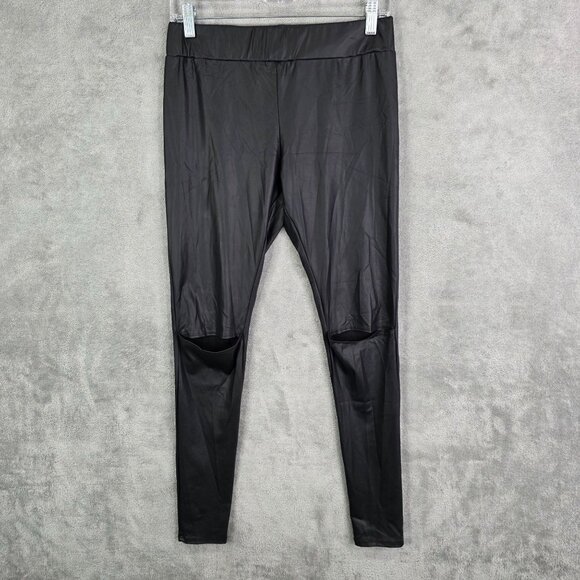 Womens Wet Seal Black Faux Leather Leggings Open Slit Knee Polyester Stretch L - Picture 2 of 11